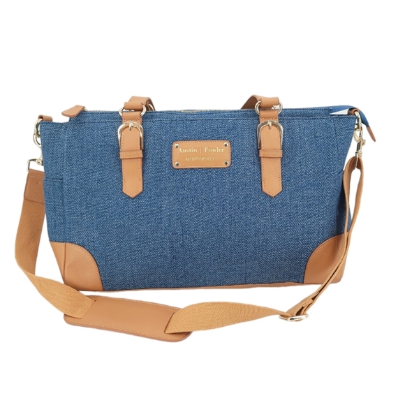 Austin Fowler Handbags - Austin Fowler Reagan Bag Denim Herringbone Leather Diaper Bag Travel Work